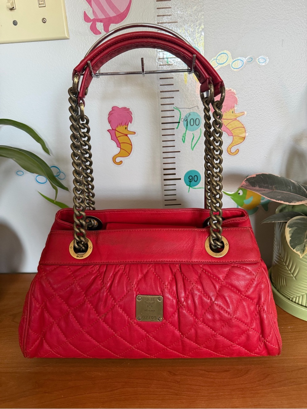 MCM Quilted Red Leather Chain-Handle Crossbody Tote